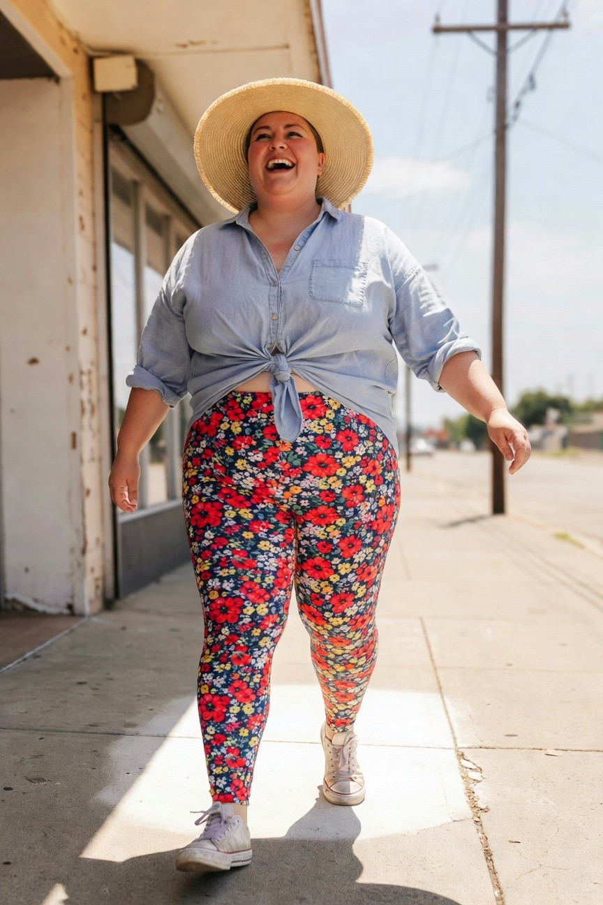 Plus size woman smiling and walking in a wide-brim straw hat, light blue chambray shirt tied at the waist, multicolored floral print leggings with red flowers on navy base, and white low-top Converse sneakers