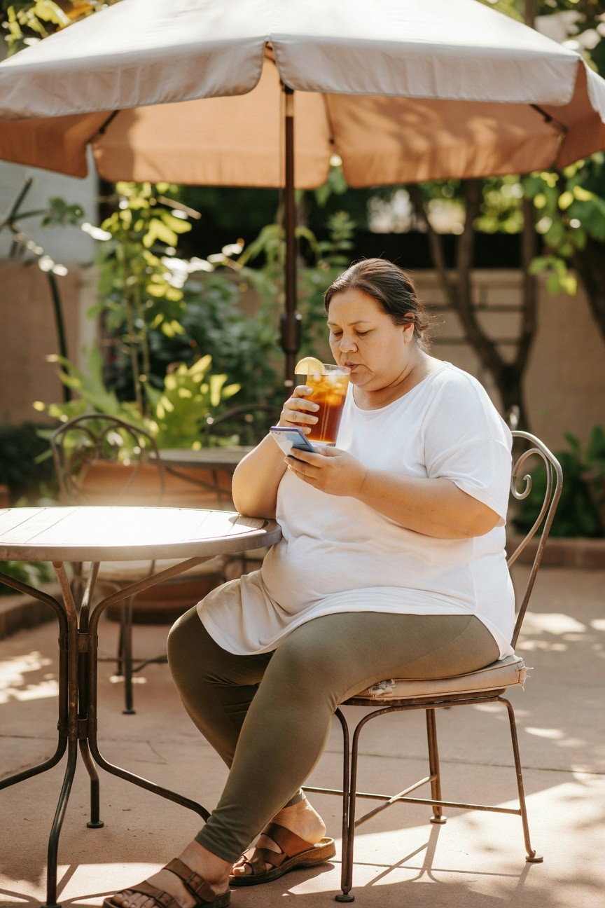 Plus-size woman seated wearing an oversized white cotton t-shirt, olive green leggings, tan strappy sandals, holding a glass of iced tea and a smartphone at an outdoor table