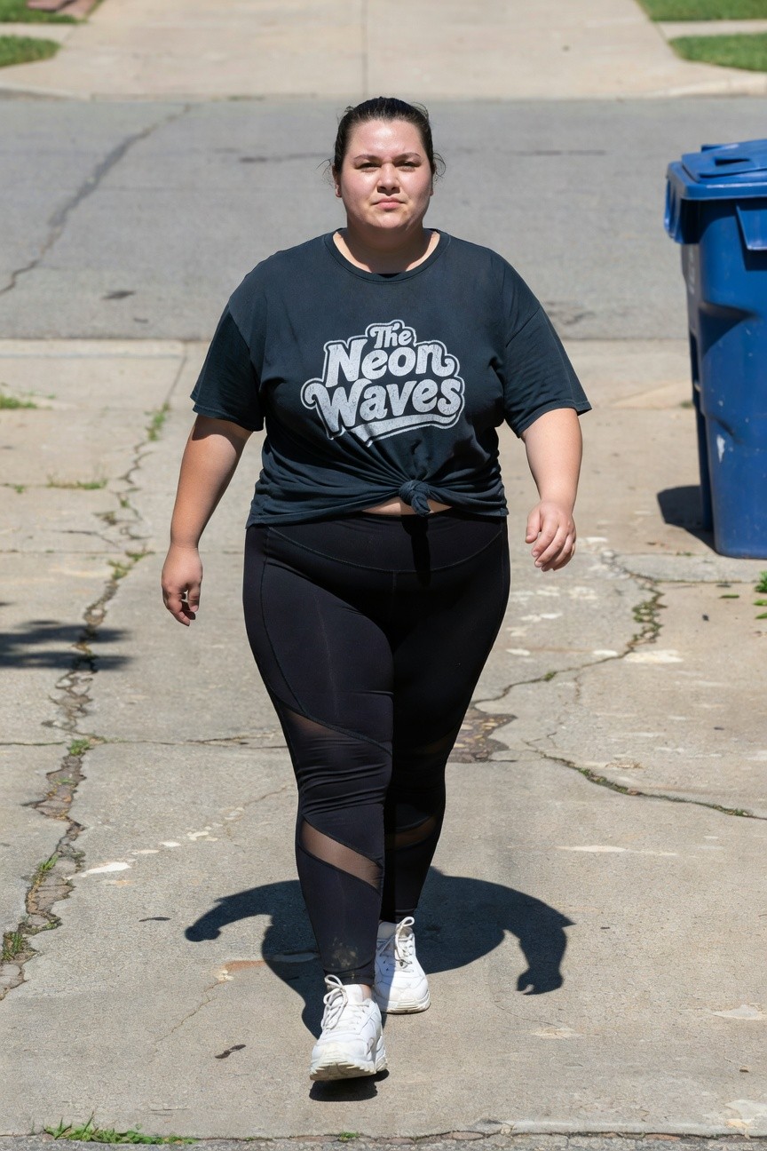 Plus-size woman walking in oversized black graphic tee with 