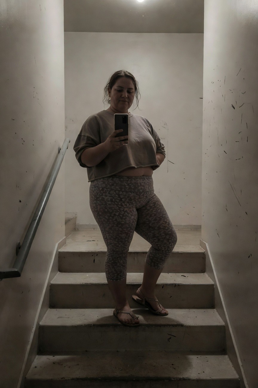 Plus-size woman standing on concrete stairs in a loose beige cropped hoodie showing midriff, high-waisted gray leopard-print capri leggings, and tan strappy flat sandals, selfie-style pose in dimly lit stairwell