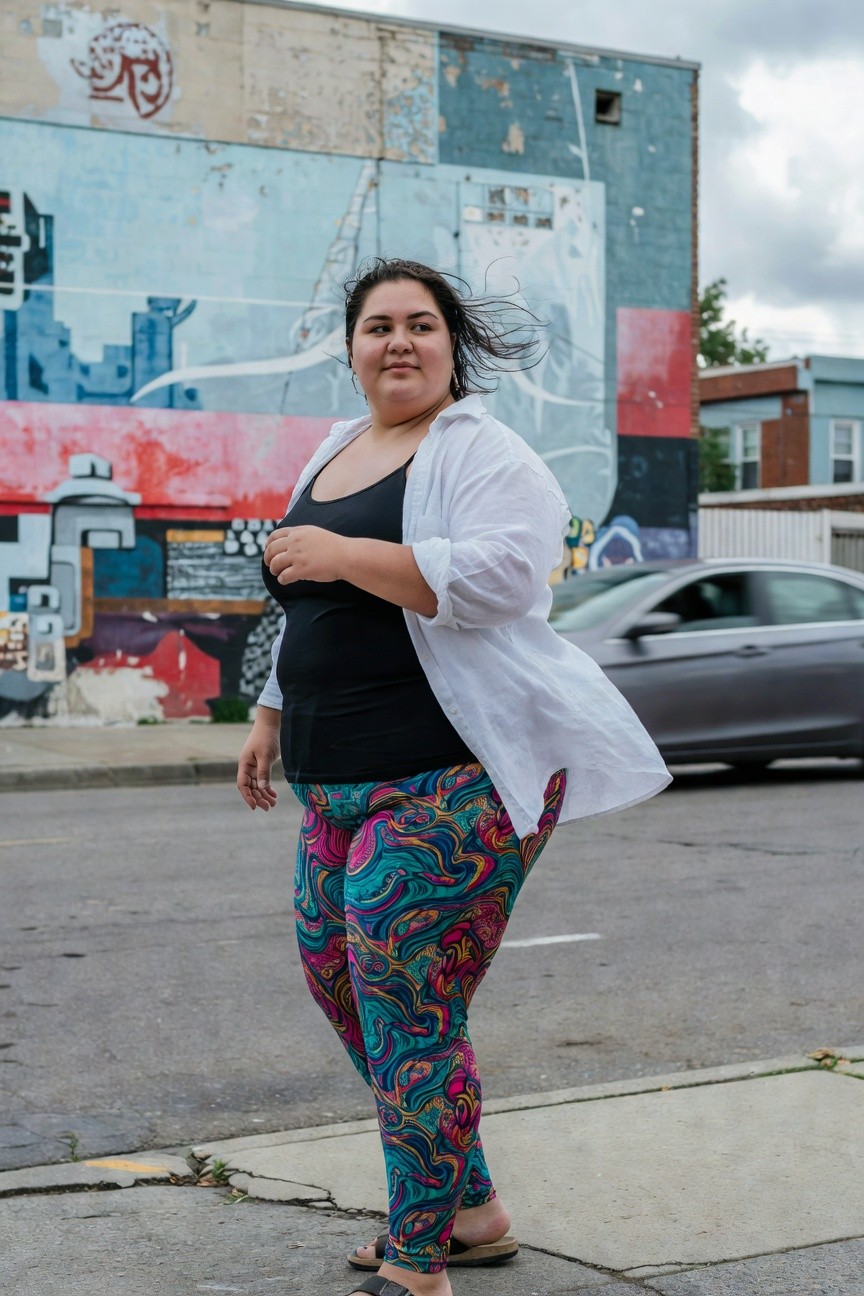 Plus size woman standing sideways in loose open white shirt over black tank top, vibrant swirling teal pink purple patterned leggings, and tan flip flops