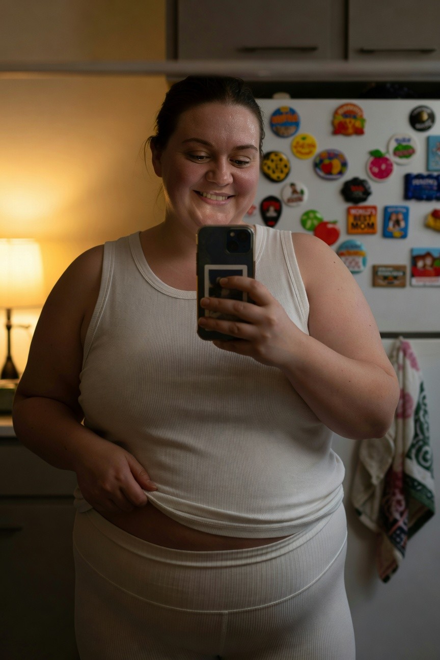 Plus-size woman taking a smiling selfie in a kitchen, wearing a white ribbed sleeveless tank top and high-waisted white ribbed leggings, hand gently lifting tank hem, fridge magnets and lamps in background.