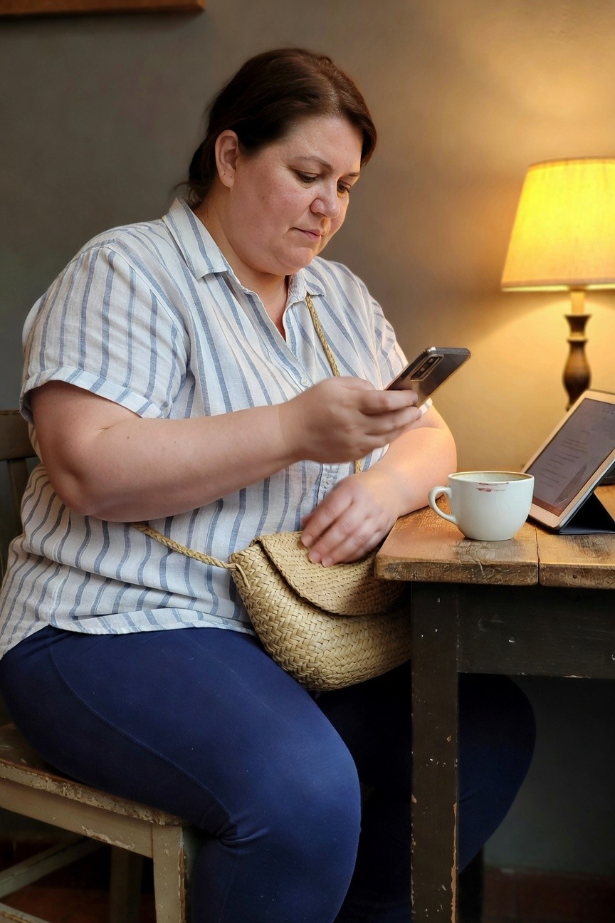 Plus-size woman in a pale blue and white striped short-sleeve button-up blouse, navy blue leggings, and woven straw crossbody bag, sitting at a wooden table while holding a phone