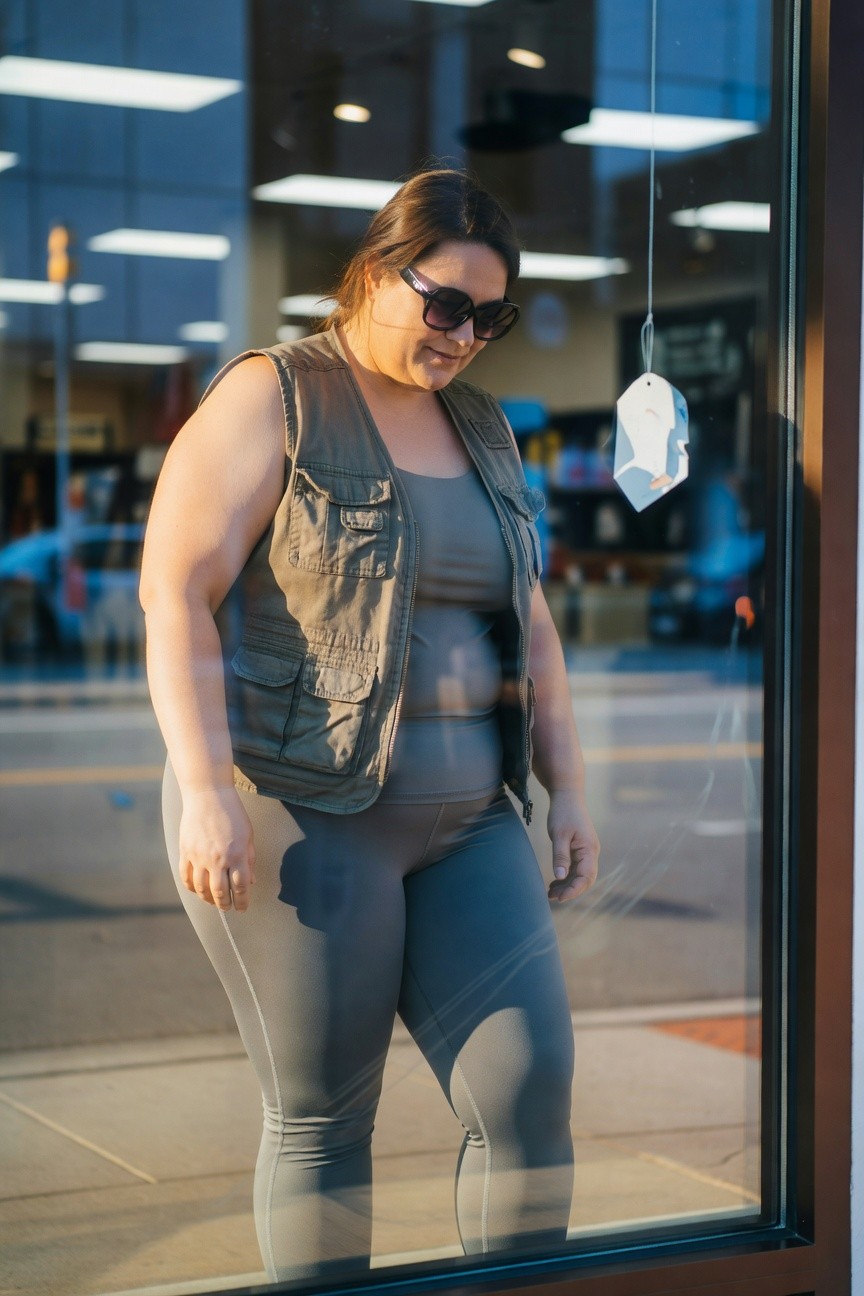 Plus-size woman wearing a sleeveless khaki utility vest over a gray tank top and matching gray leggings with white side stripes, standing sideways in front of a store window