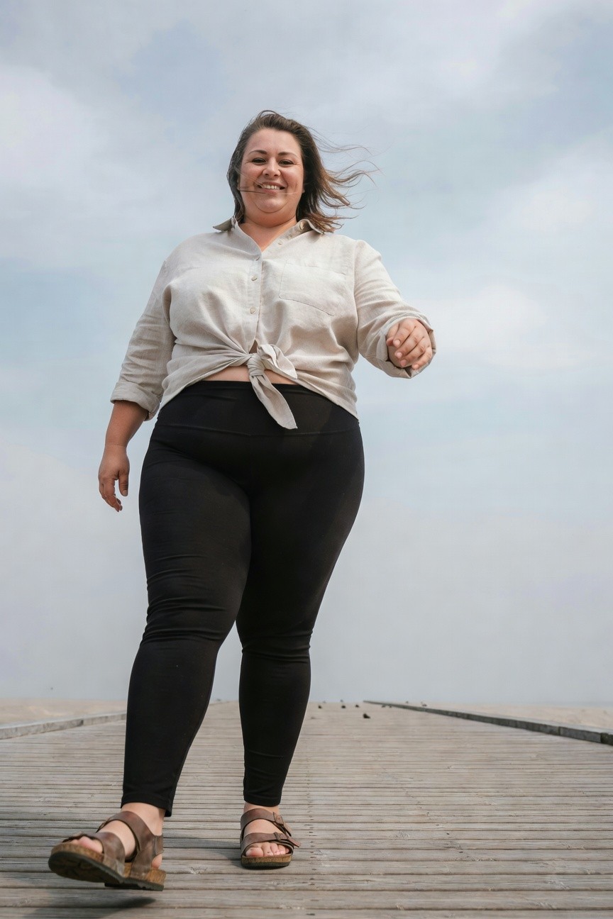 Plus-size woman in a loose pale button-down shirt tied at the waist, black high-waisted leggings, and tan strappy flat sandals, walking on a wooden pier
