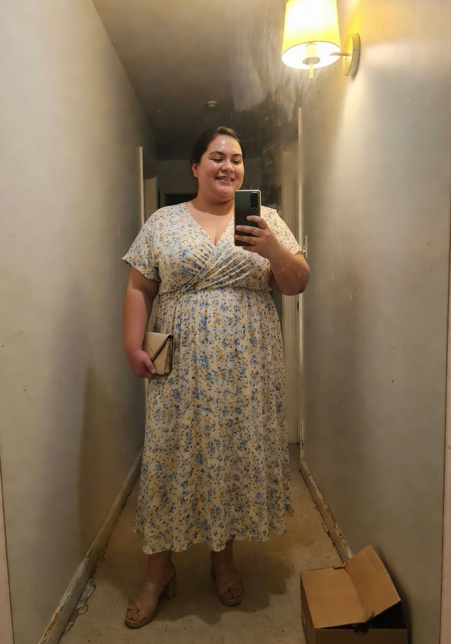 Plus-size woman in a yellow floral wrap midi dress with short sleeves and tie belt, holding a brown clutch and phone for selfie, wearing nude block-heel sandals, standing in a narrow indoor hallway with warm overhead light