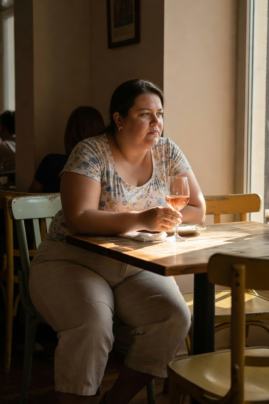 Plus-size woman in a white floral short-sleeve blouse with blue print, beige linen pants, hoop earrings, and flat sandals, seated casually holding a wine glass