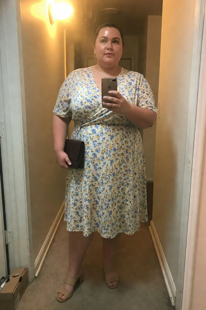 Plus-size woman in a yellow floral wrap midi dress with short sleeves and tie belt, holding a brown clutch and phone for selfie, wearing nude block-heel sandals, standing in a narrow indoor hallway with warm overhead light