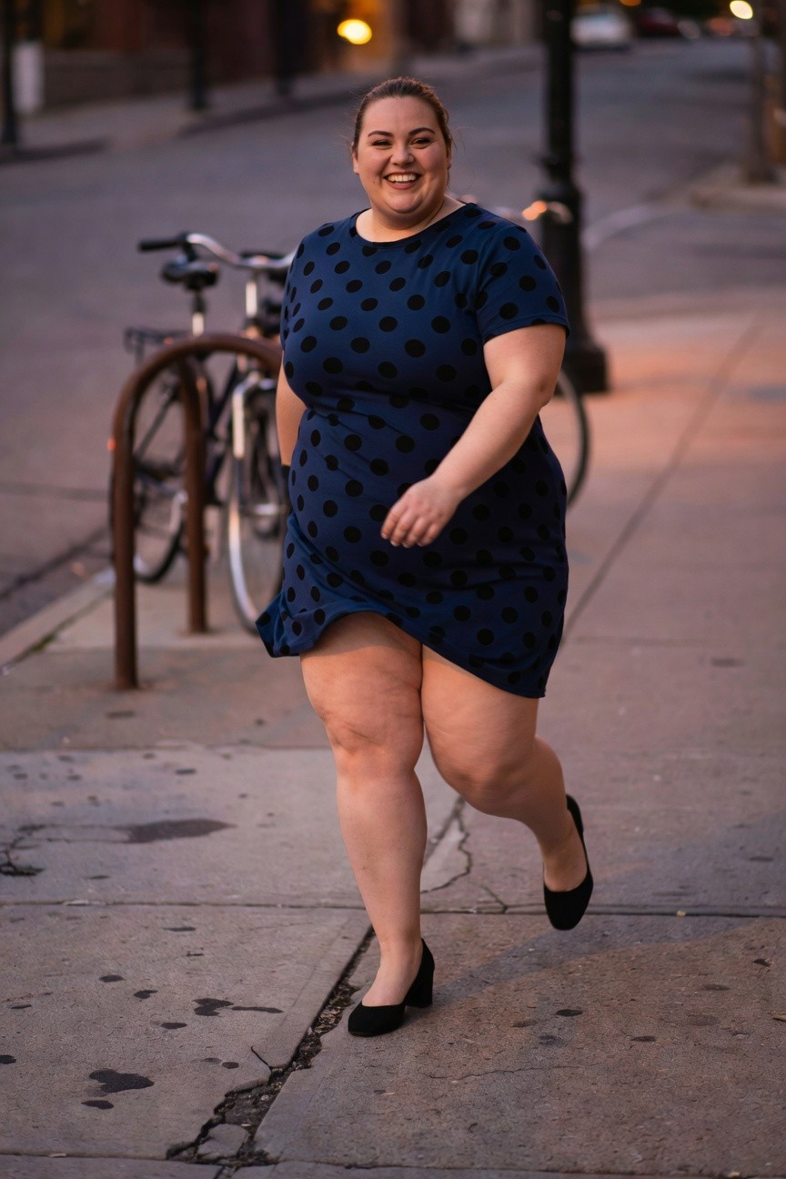Plus-size woman in smiling pose walking in navy blue polka dot short-sleeve mini dress with flared skirt and black block-heel pumps