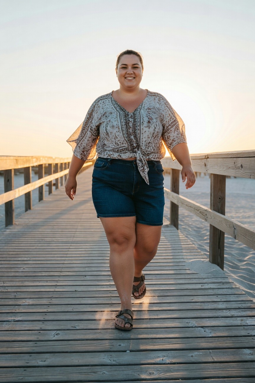 Plus-size woman smiling while walking on a wooden pier, dressed in a flowy beige printed blouse with bell sleeves tied at the front, dark blue denim mid-thigh shorts, and brown strappy sandals