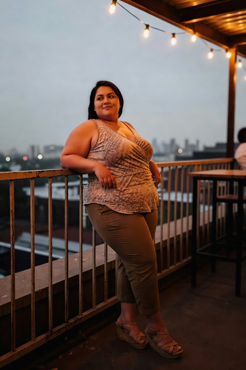 Plus-size woman leaning on a metal railing in a draped printed taupe wrap tank top with deep neckline, fitted khaki cropped pants, and tan strappy wedge sandals, cityscape in blurred background