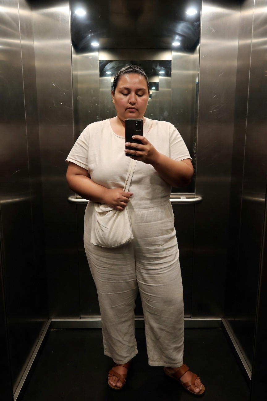 Plus-size woman in a loose white linen short-sleeve jumpsuit with wide legs, holding a matching woven tote bag, wearing tan strappy sandals, taking a mirror selfie in a steel elevator