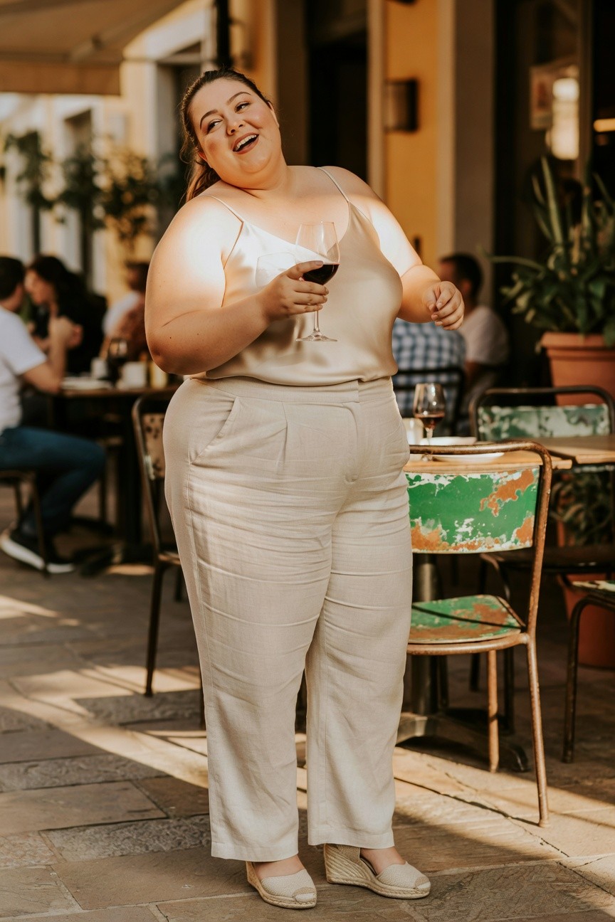 Plus-size woman in cream satin camisole top and wide-leg linen pants, tan espadrille wedges, holding a wine glass at an outdoor cafe table.