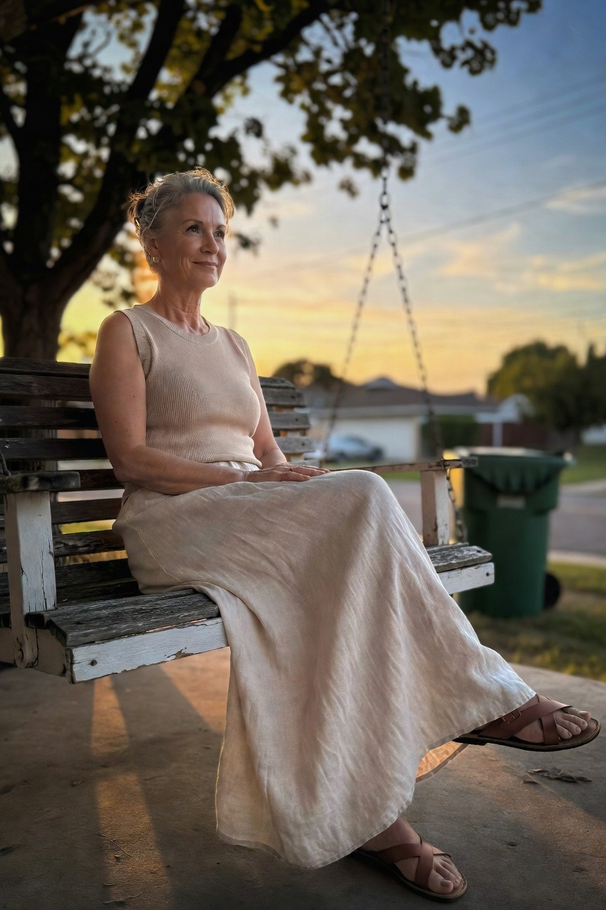 Woman over 50 with short gray hair sitting on a porch swing, wearing a sleeveless beige ribbed knit top, matching long beige flowing skirt, brown leather strap sandals, and small gold hoop earrings, hands folded in lap