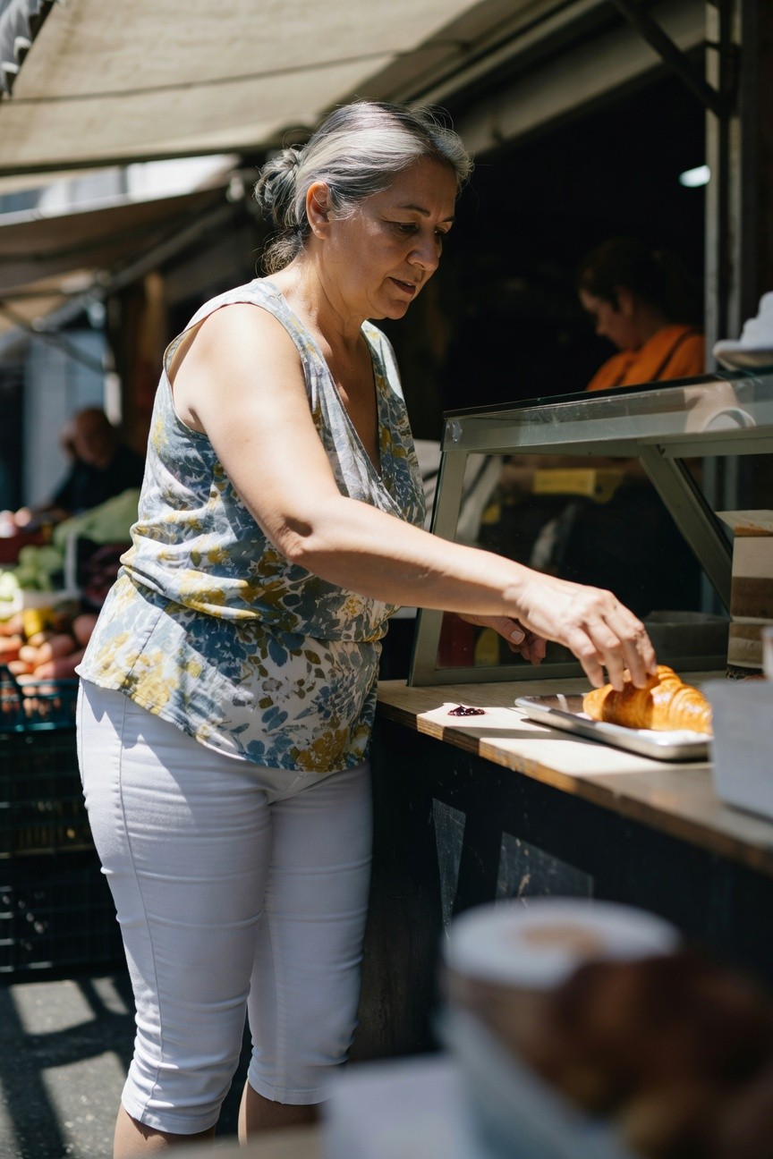 Silver-haired woman in sleeveless blue floral print tank top and white cropped capri pants, reaching for a croissant at an outdoor market stall counter