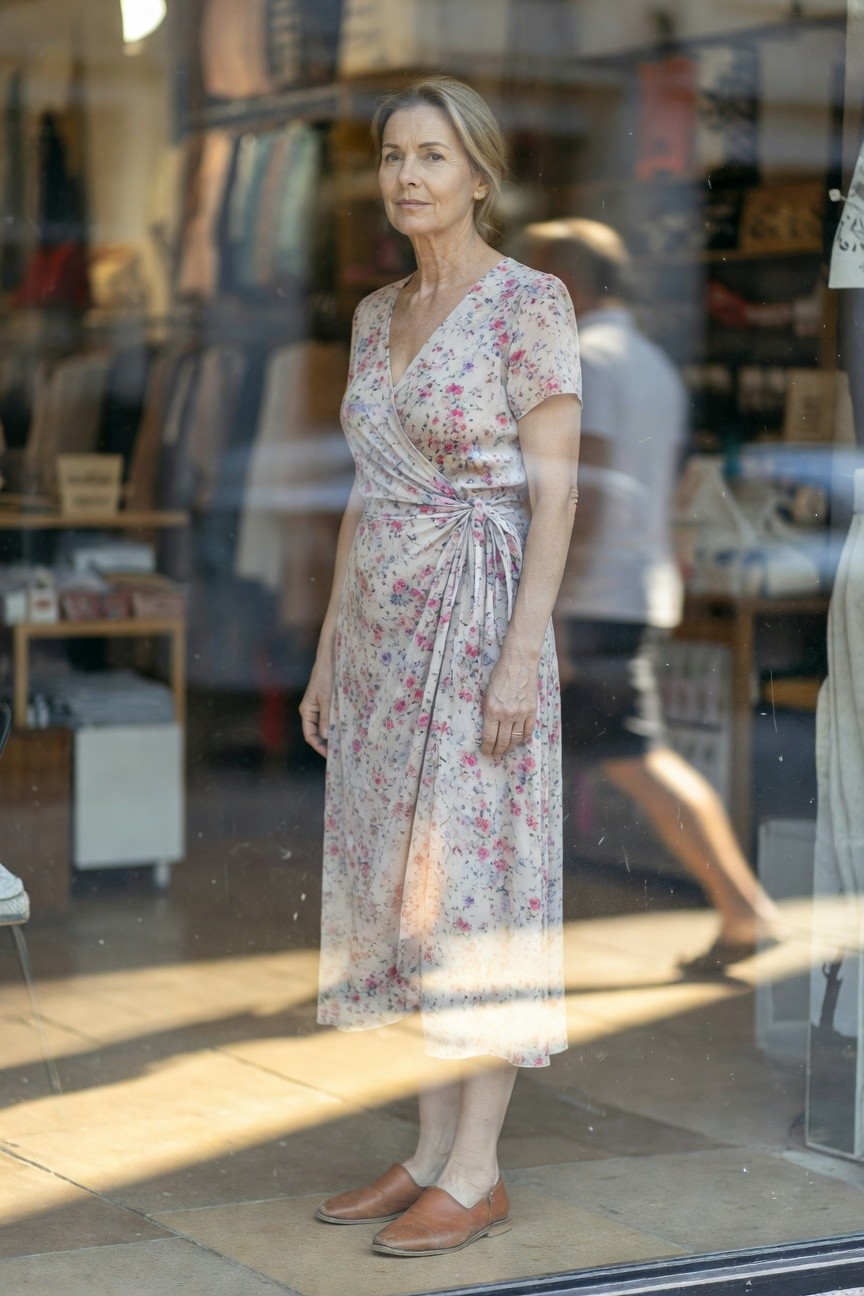 Mature woman in her 50s wearing a light pink floral print wrap midi dress with short sleeves and tan leather flat mules, standing confidently outside a clothing boutique window