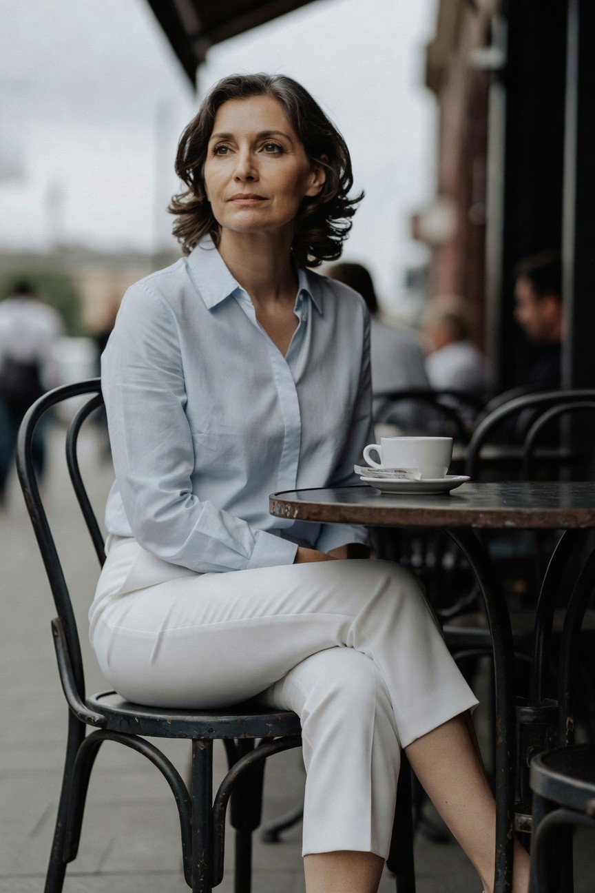 A woman over 50 sits at an outdoor cafe table wearing a light blue long-sleeve button-up shirt tucked into white cropped pants, with a white coffee cup on the table beside her.