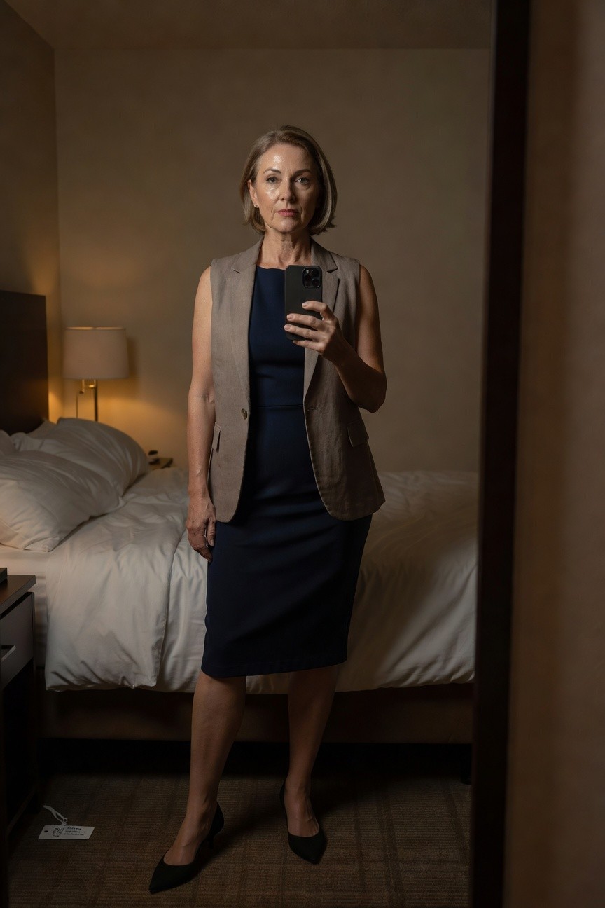 Mature woman with blonde bob haircut taking a mirror selfie in a hotel room, wearing a fitted navy blue sleeveless sheath dress layered with a beige sleeveless vest and black pointed pumps, standing confidently by the bed