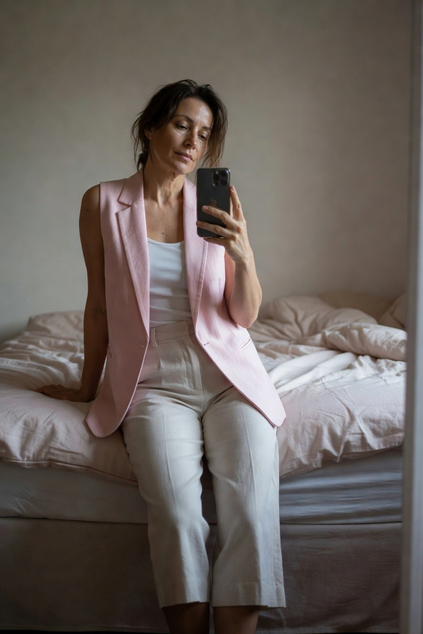 Woman in her 50s sitting on unmade bed in mirror selfie, wearing sleeveless blush pink blazer vest over white tank top, white wide-leg cropped pants, thin necklace, tousled brown hair