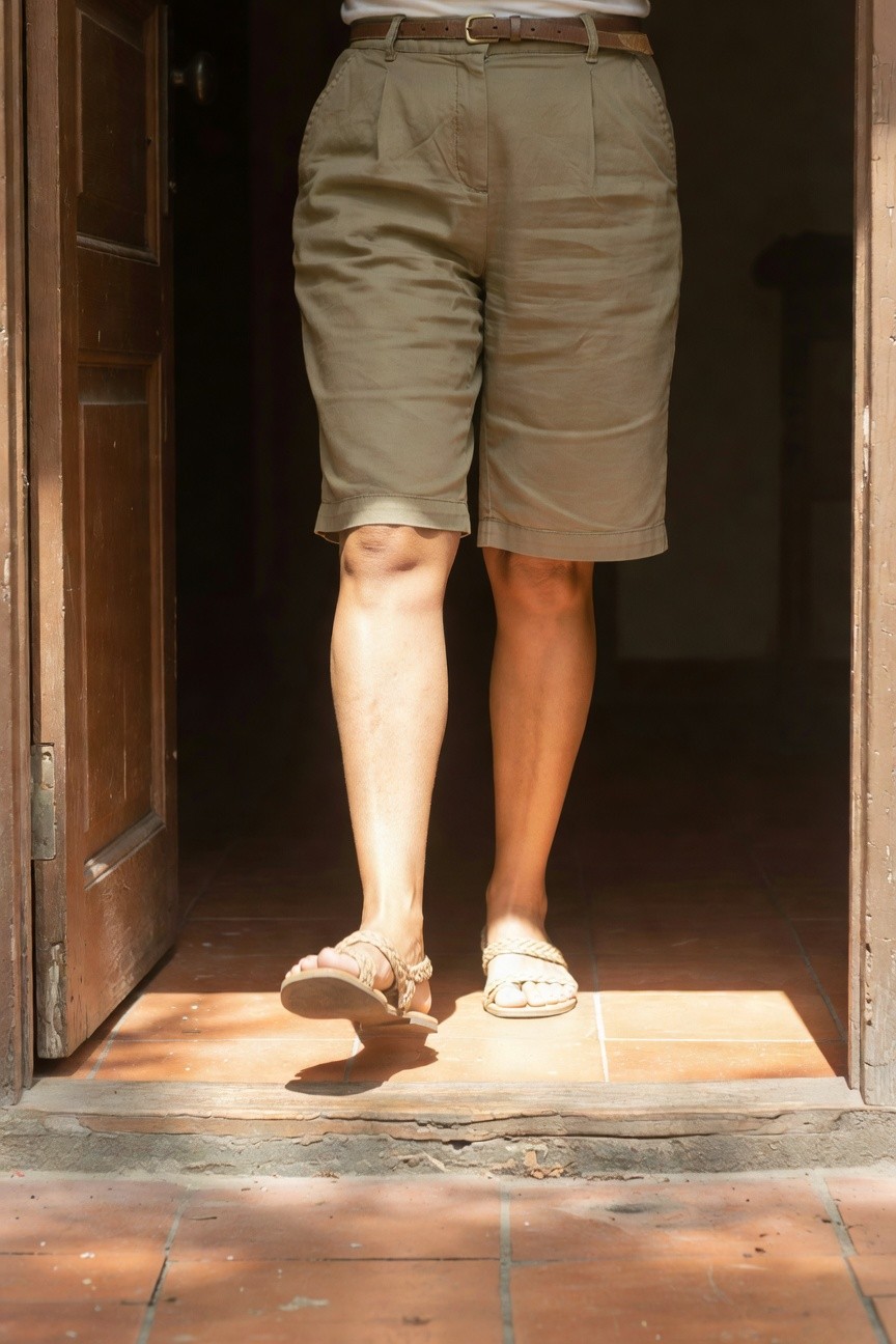 Woman in pleated khaki linen shorts, white top, brown belt, and tan braided sandals, posed at a wooden door threshold on terracotta tiles