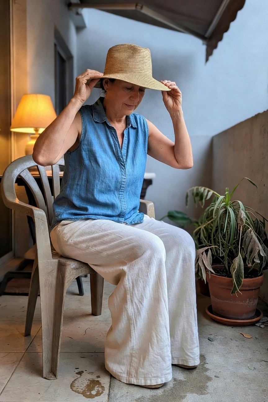 Woman over 50 sitting on a balcony chair, adjusting a wide-brim straw hat with both hands; wearing sleeveless light blue chambray blouse, wide-leg white linen pants, and tan flat shoes.