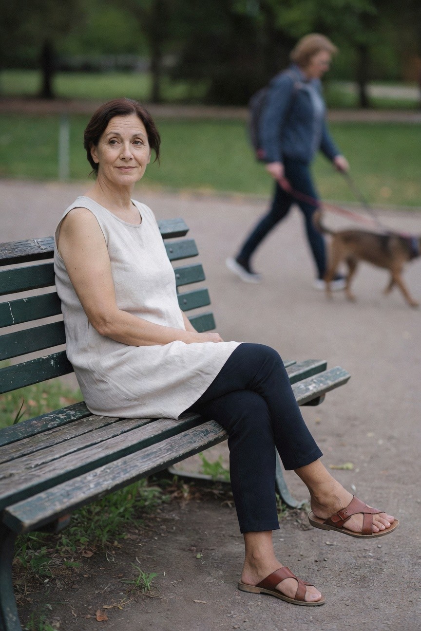 Woman over 50 seated on green park bench in sleeveless beige linen shift dress over black slim pants and tan cross-strap sandals, blurred background of path and dog walker