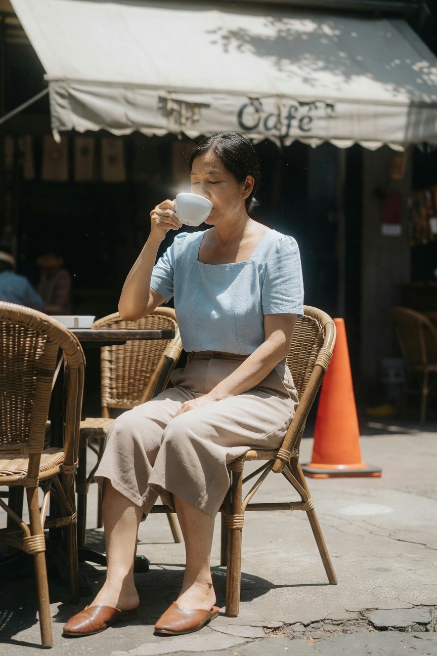 Mature Asian woman over 50 seated at outdoor cafe table in light blue square-neck short-sleeve blouse, beige wide-leg cropped trousers with belt, brown leather flat mules, holding white coffee cup