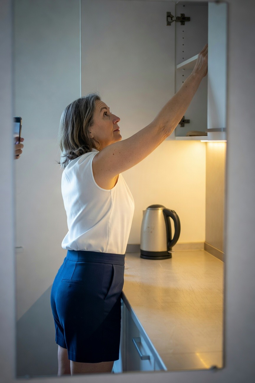 Woman over 50 with gray hair reaching into a kitchen cabinet while wearing a white sleeveless blouse and navy tailored shorts, viewed from the side in a mirror reflection, holding a phone in her other hand.