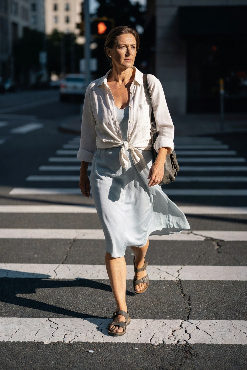 Woman over 50 in a tied white linen shirt over a light blue flowy midi dress, tan strap sandals, gray leather bag, walking at a crosswalk