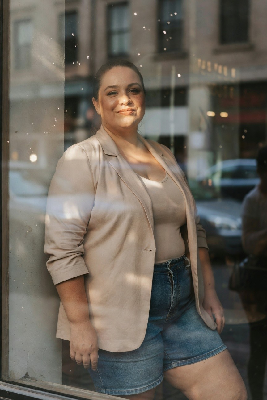 Plus-size woman standing confidently in a light beige open blazer with rolled sleeves over a cream tank top and high-waisted blue denim shorts, viewed through a window with urban street reflection.
