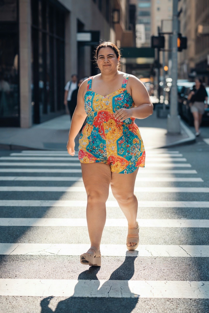 Plus-size woman walking across a crosswalk in a vibrant multicolored printed tank romper with short shorts and nude wedge sandals, smiling slightly with hand at side