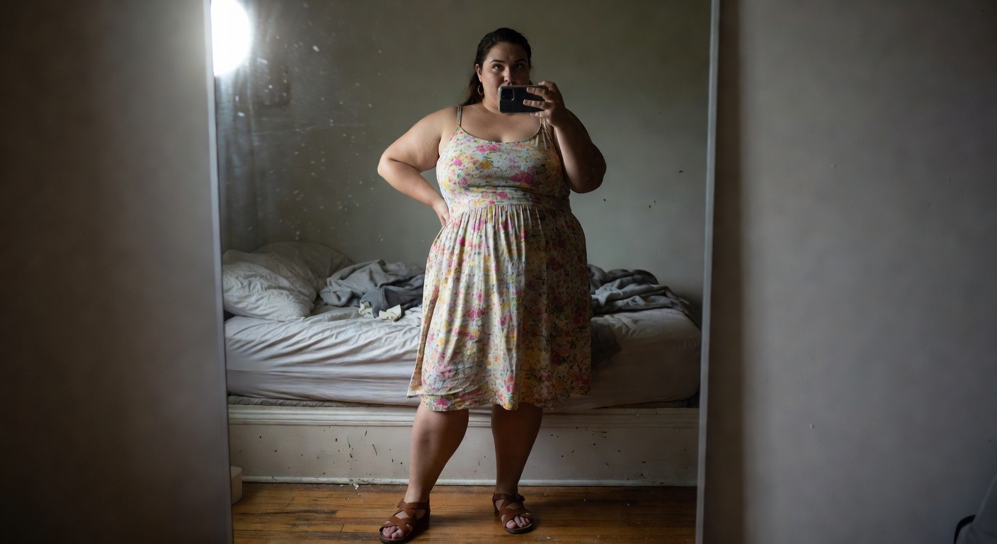 Plus-size woman taking a mirror selfie in a pale yellow floral spaghetti-strap slip dress with hand on hip, wearing brown leather gladiator sandals, standing by a bed in a bedroom