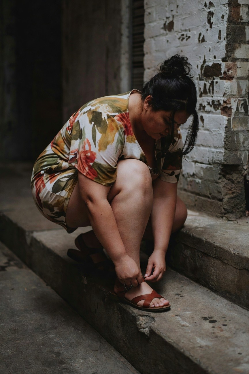 Plus-size woman with dark hair in a bun squatting on concrete steps to buckle brown cross-strap flat sandals, wearing a short multicolored floral print dress in greens, yellows, whites, and oranges against a brick wall backdrop