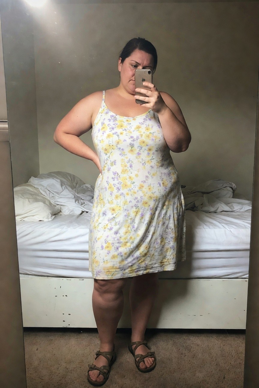 Plus-size woman taking a mirror selfie in a pale yellow floral spaghetti-strap slip dress with hand on hip, wearing brown leather gladiator sandals, standing by a bed in a bedroom