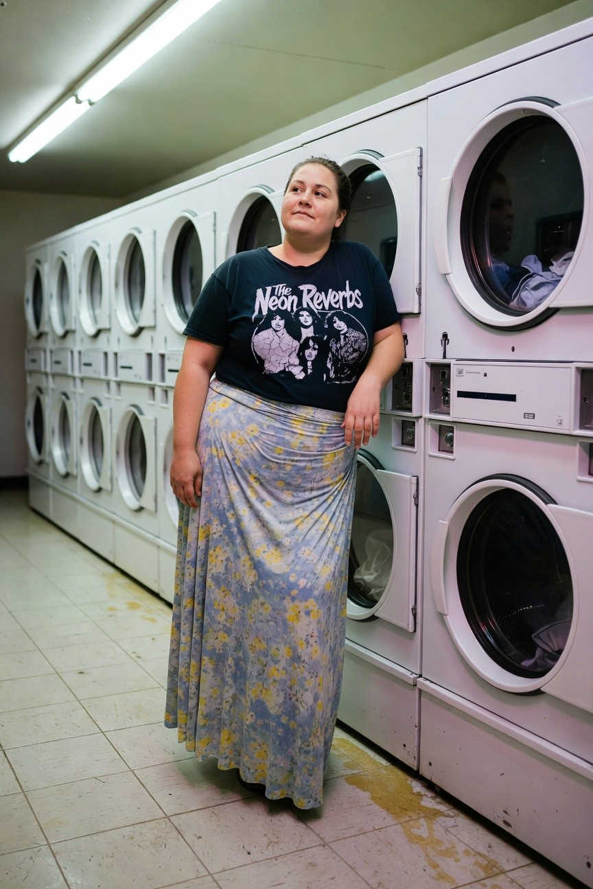 Plus-size woman in a black graphic band t-shirt featuring Neon Reverbs and a light blue floral print maxi skirt standing casually in a laundromat surrounded by white washers