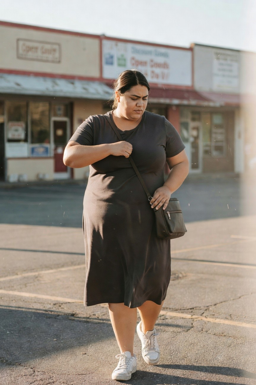 Plus-size woman in a loose-fitting gray short-sleeve midi dress, black crossbody bag, and white sneakers, walking in a parking lot