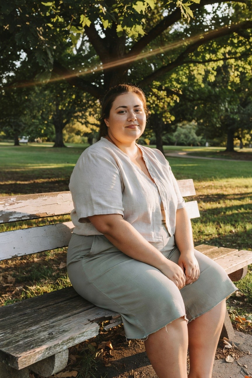Plus-size woman with brown ponytail sitting on a wooden bench wearing a pale beige linen short-sleeved open blouse and matching wide-leg mid-thigh shorts, hands clasped in lap, neutral park background