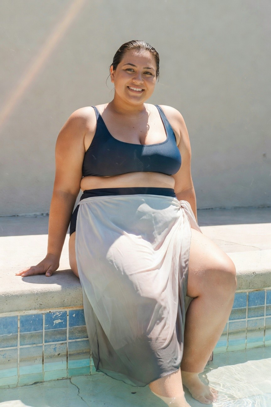 Plus-size woman smiling in navy blue bikini top and high-waisted bottoms with sheer light gray sarong wrap tied at waist, sitting on pool edge with feet in water, wet hair, casual poolside pose