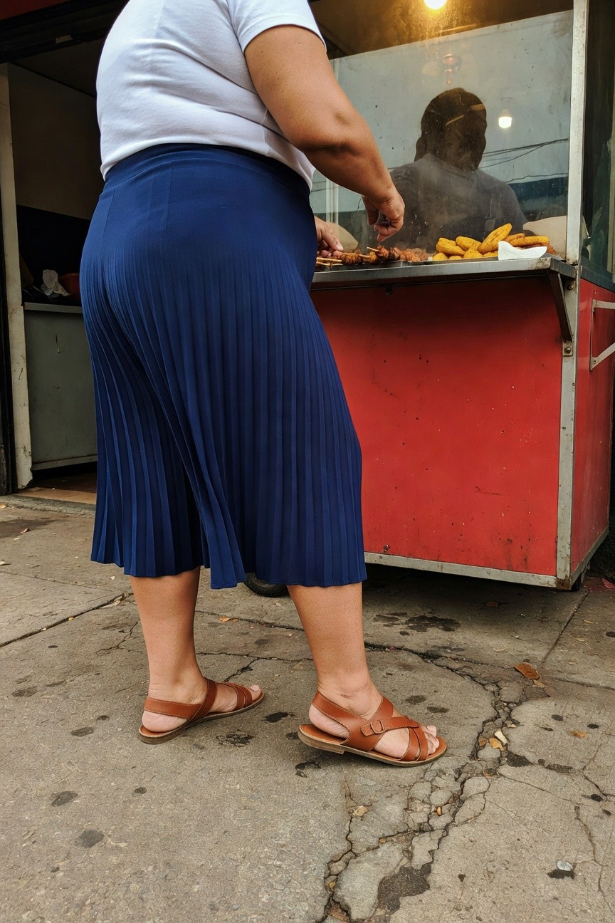Plus-size woman in white short-sleeve t-shirt and navy blue pleated midi skirt, tan strappy sandals, viewed from behind at a food stall counter