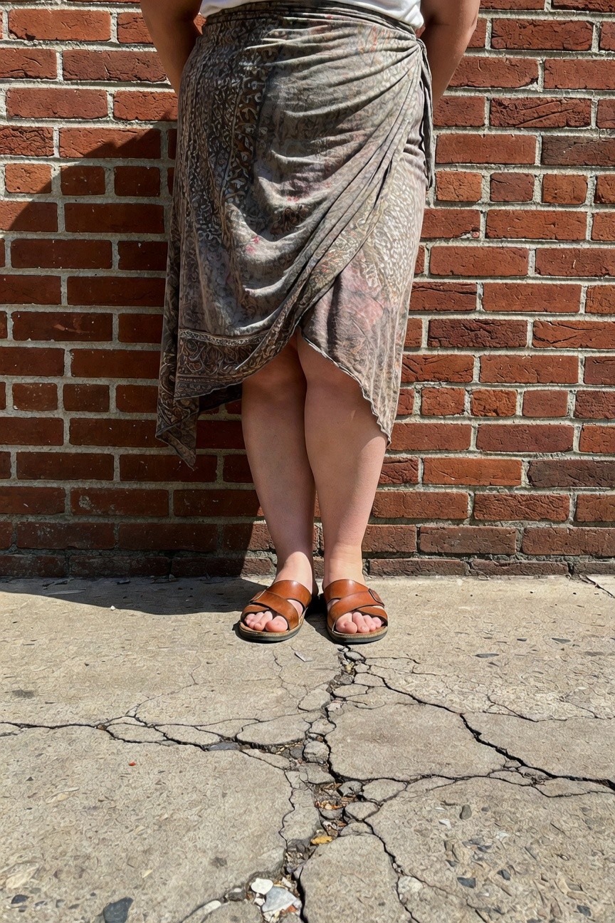 Plus-size woman in a gray batik-print wrap skirt tied at the waist over a white top, paired with tan leather cross-strap sandals, standing on cracked concrete against a brick wall