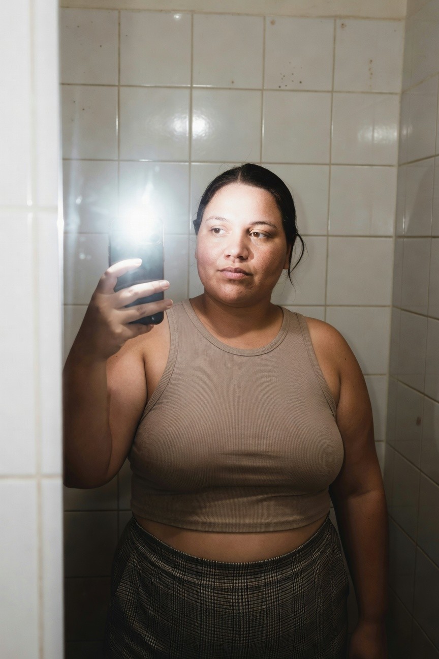 Plus-size woman taking a mirror selfie in a beige ribbed cropped tank top and high-waisted black-and-gray plaid skirt, standing in a tiled bathroom with phone flash lighting