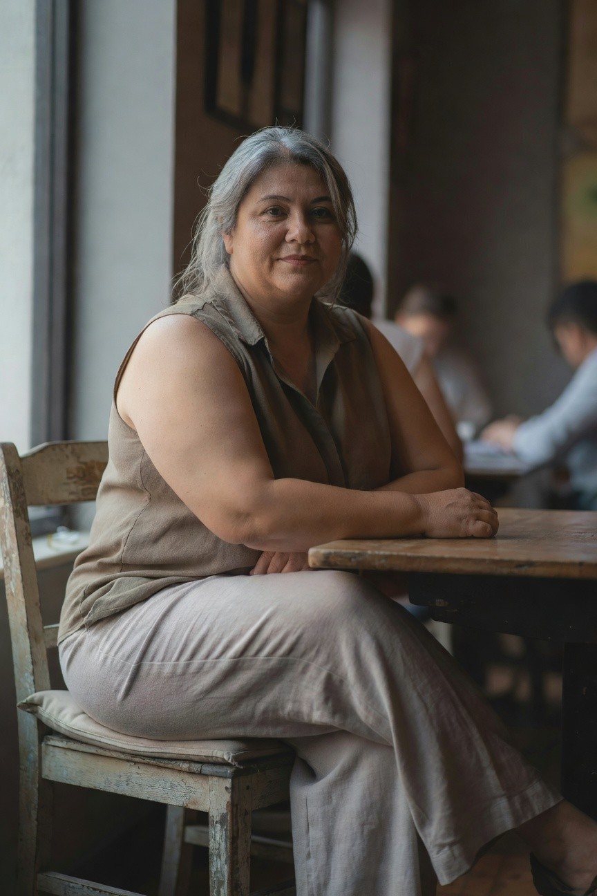 Plus-size woman with gray hair wearing sleeveless tan top with collar detail and wide-leg beige pants, seated at cafe table with arms crossed on wooden surface