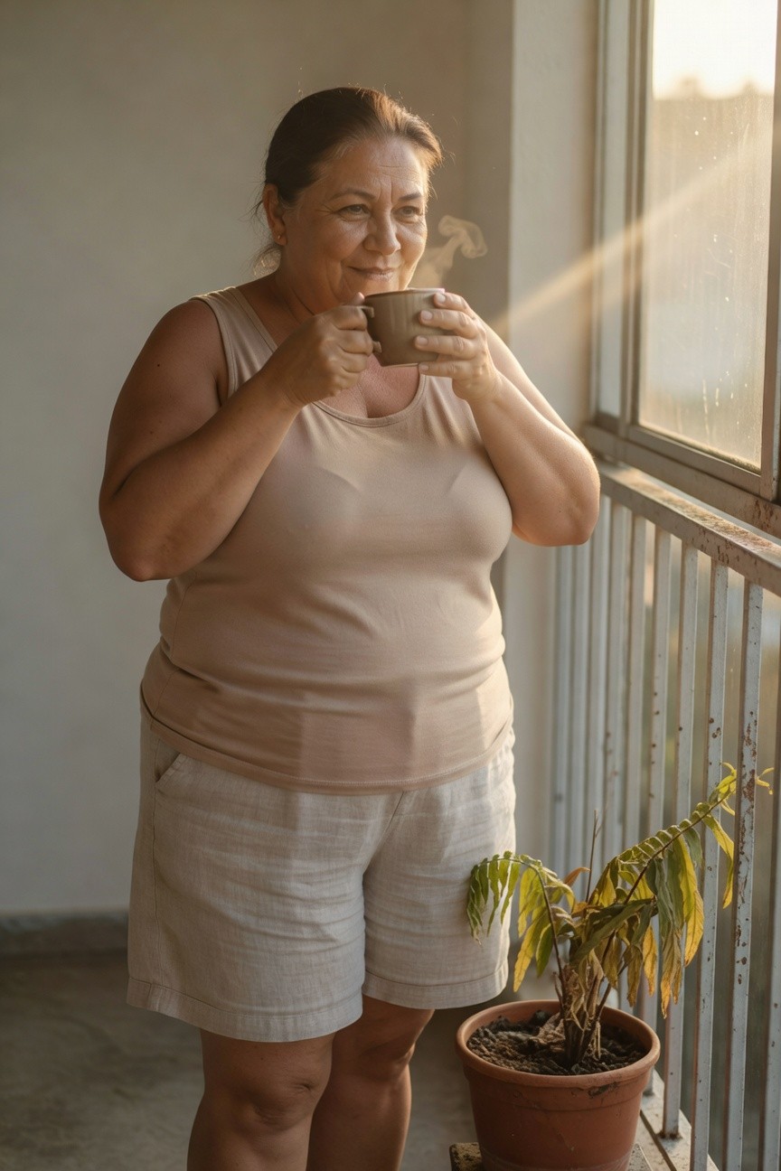 Plus-size woman in a sleeveless beige tank top and matching light linen shorts, holding a steaming mug, standing near a railing with a potted plant nearby
