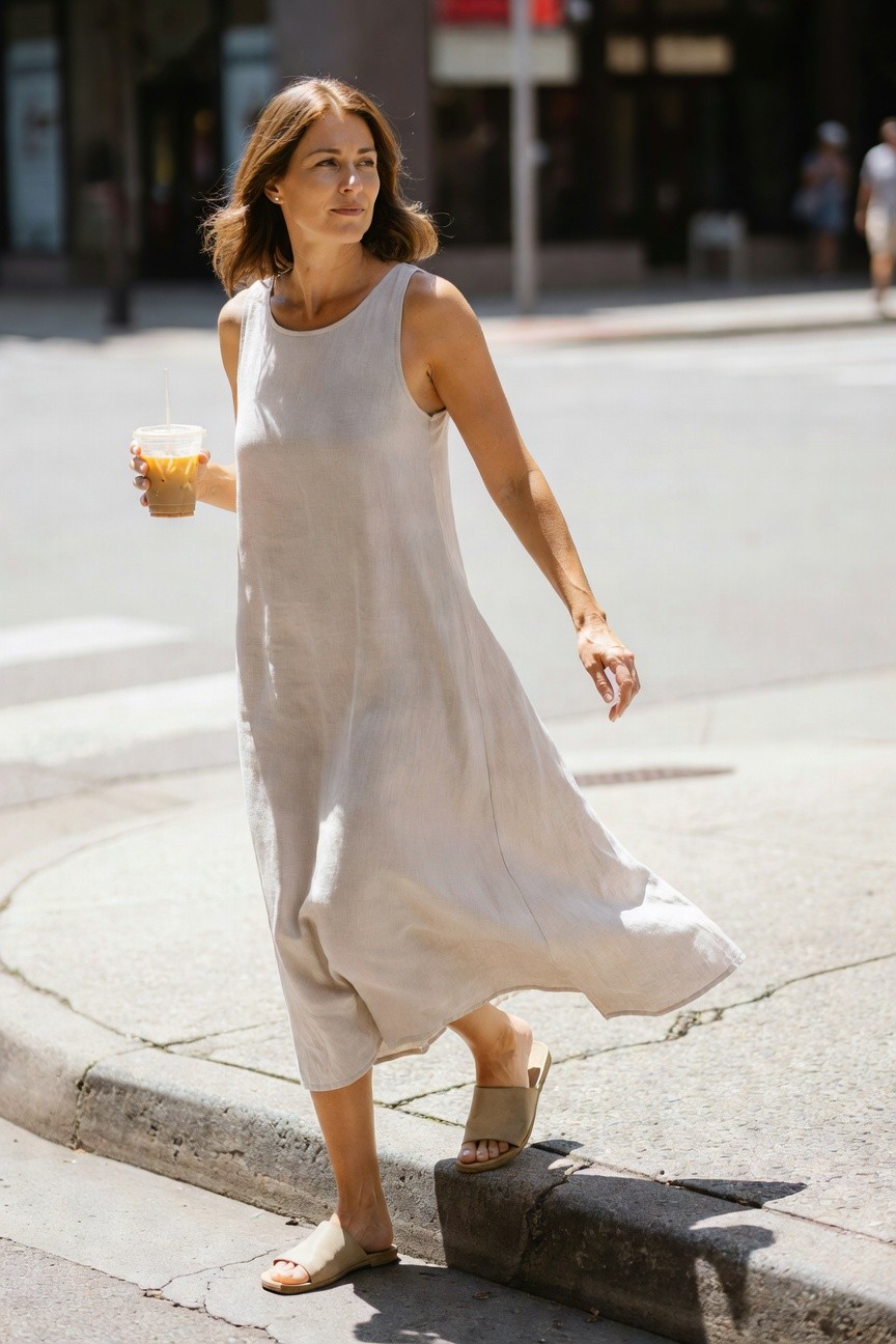 Woman in a flowing beige linen tank maxi dress holding an iced coffee cup, walking in tan strappy flat sandals, shoulder-length wavy brown hair