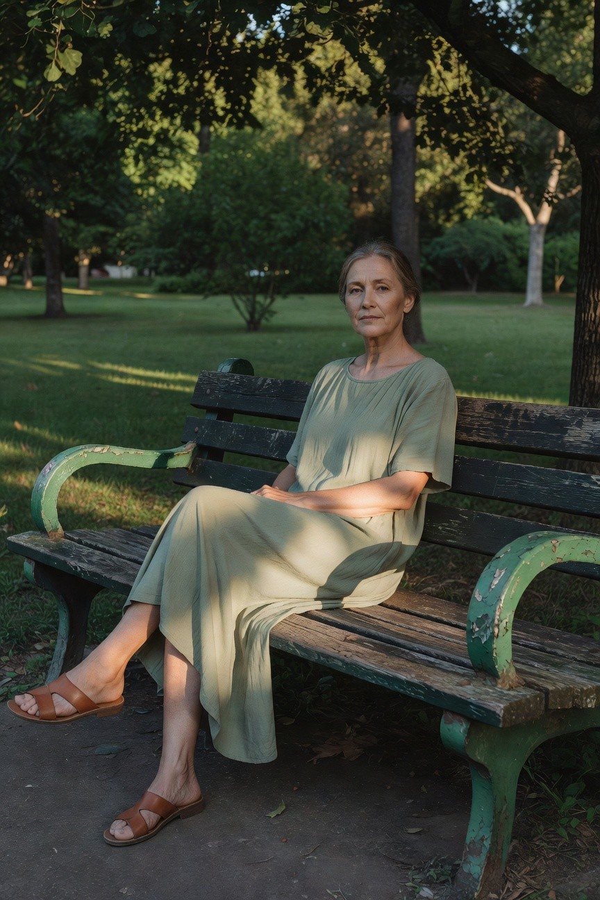 Mature woman in a loose sage green short-sleeve maxi dress sitting sideways on a weathered green park bench, wearing tan leather cross-strap sandals, legs extended casually