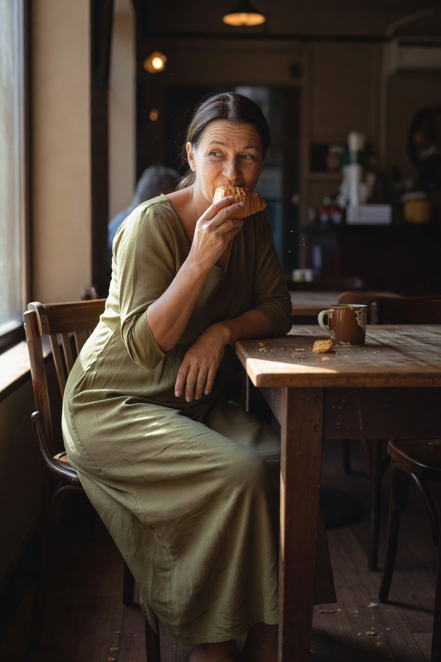 Woman in a loose sage green maxi dress sitting casually at a wooden table, holding a croissant to her mouth, with a mug nearby and soft indoor light