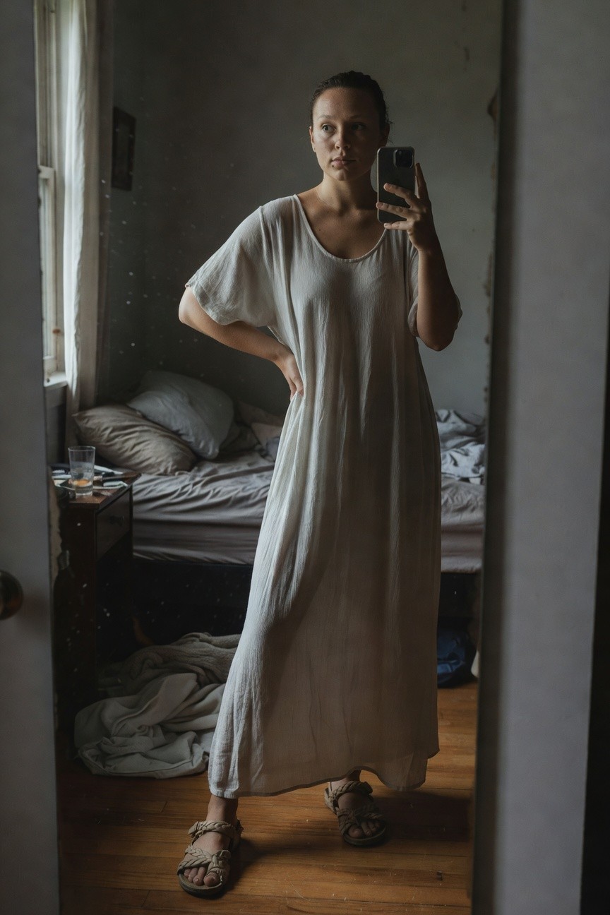 Woman standing in loose cream-colored maxi dress with wide sleeves and scoop neckline, hand on hip, wearing tan braided leather sandals, taking mirror selfie in bedroom.