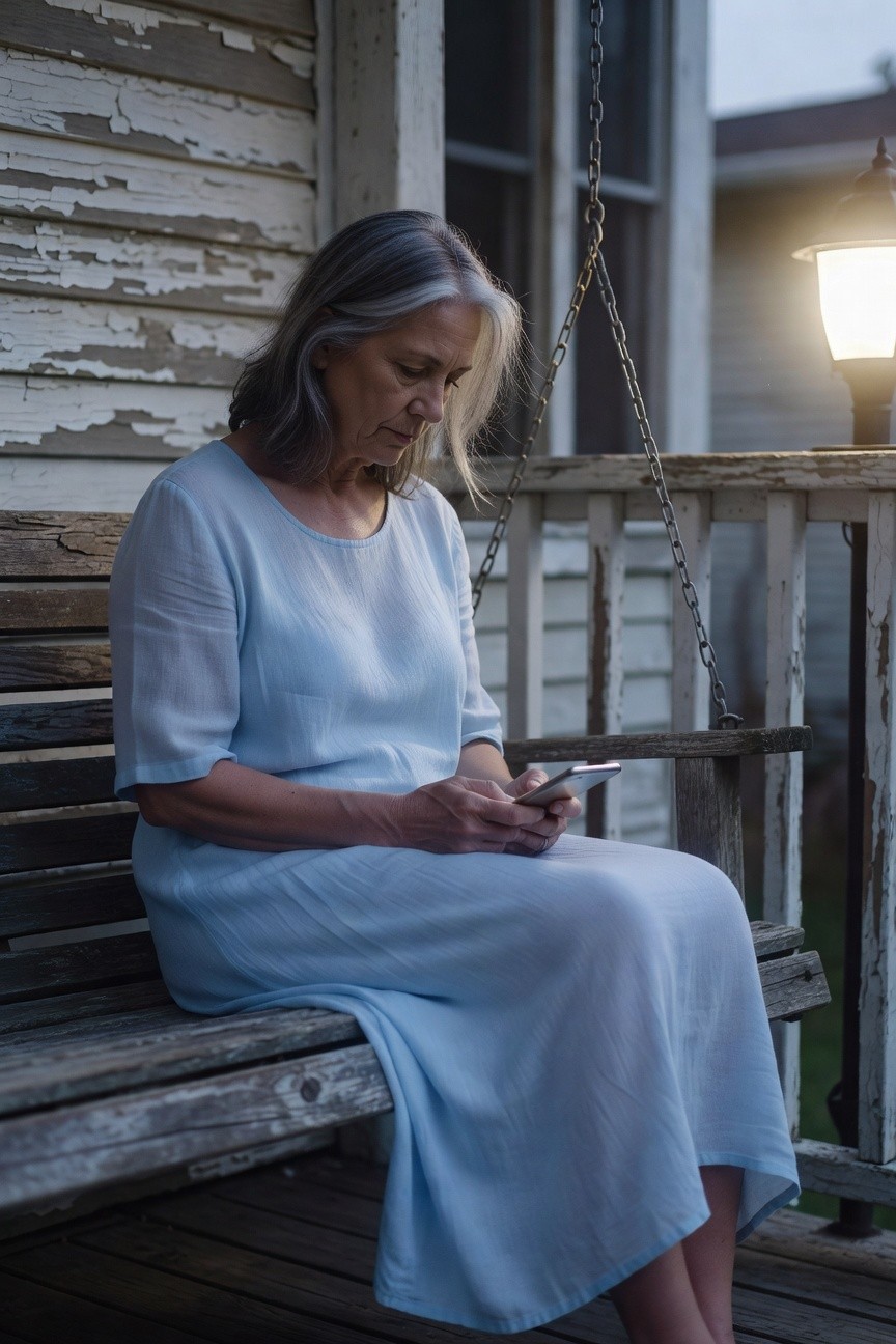 Older woman with gray hair wearing a pale blue short-sleeve maxi dress, sitting on a wooden porch swing while holding a smartphone, relaxed evening porch setting