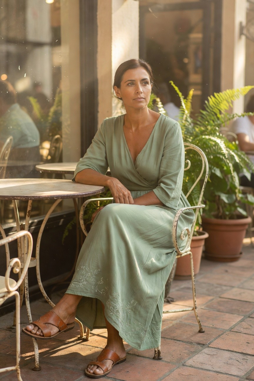 Woman seated at a bistro table wearing a sage green linen-blend wrap maxi dress with V-neck, elbow-length sleeves, embroidered hem, and tan cross-strap leather sandals, legs crossed elegantly