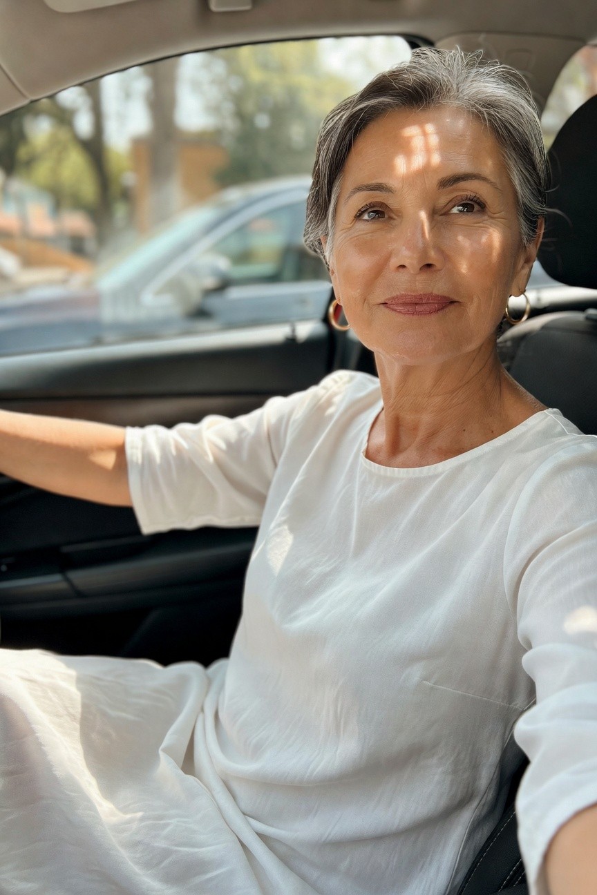 Silver-haired woman with subtle smile wearing loose white short-sleeve maxi dress and large gold hoop earrings, selfie from car driver's seat with arm on wheel